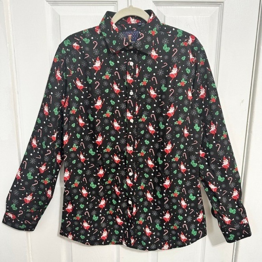 Simon Banks Men's Black‎ Christmas Santa Candy Cane Button Up Shirt Medium